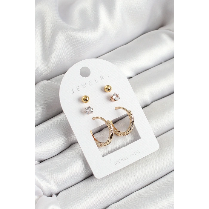 Pirinç Zirkon Taş Ve Halka Figürlü Gold Renk 3lü Çift Kadın Küpe Set