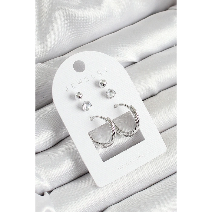 Pirinç Zirkon Taş Ve Halka Figürlü Gümüş Renk 3lü Çift Kadın Küpe Set