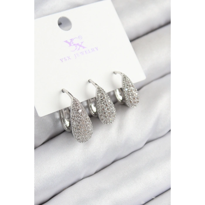 Pirinç Zirkon Taşlı 3lü Damla Model Gümüş Renk Kadın Küpe