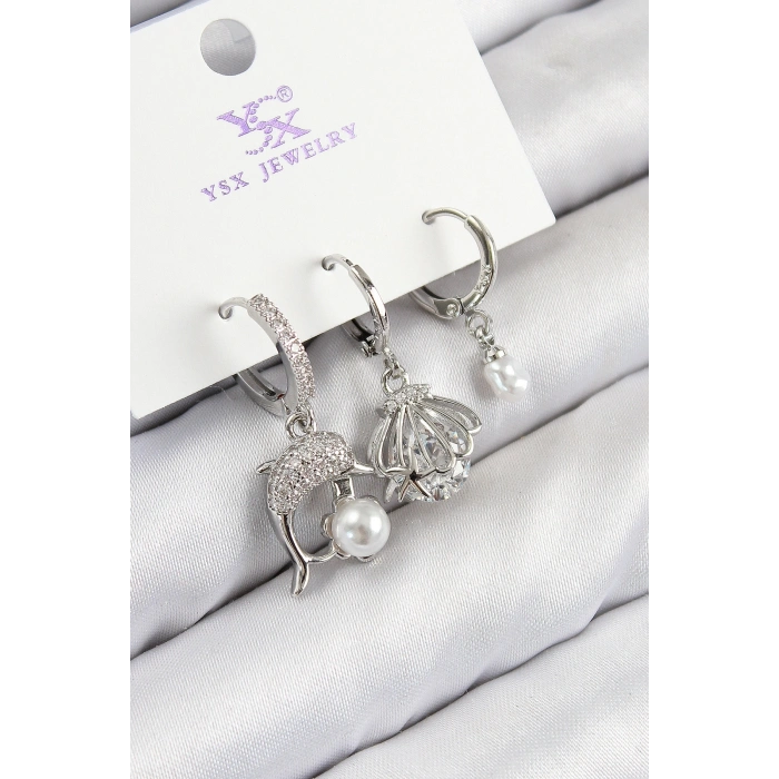 Pirinç Zirkon Taşlı 3lü Yunus Balığı Ve İstiridye Model Gümüş Renk Kadın Küpe