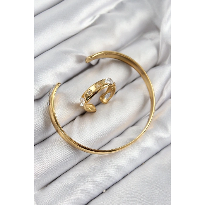 Pirinç Zirkon Taşlı Ayrık Model Gold Renk Bileklik Yüzük Set