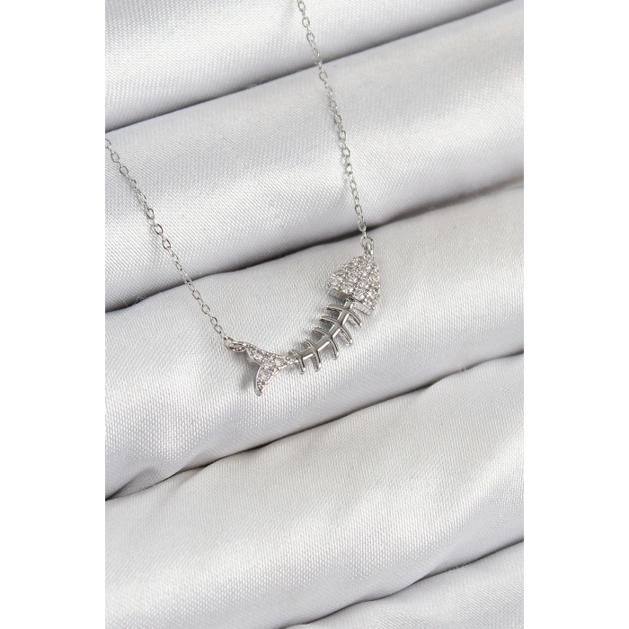 Pirinç Zirkon Taşlı Balık Kılçığı Model Gümüş Renk Kadın Kolye