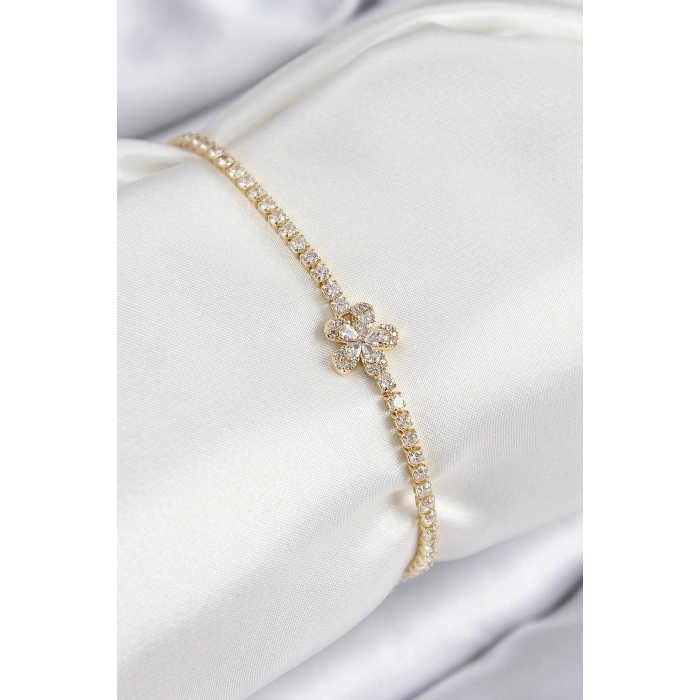 Pirinç Zirkon Taşlı Çiçek Model Gold Renk Kadın Bileklik