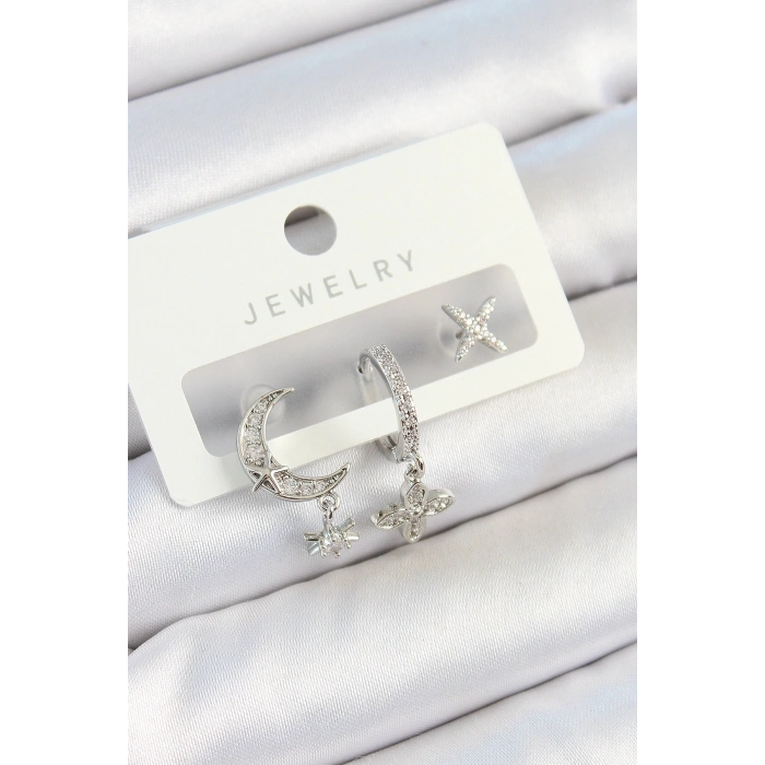 Pirinç Zirkon Taşlı Çiçek Ve Ay Model Gümüş Renk 3lü Çift Kadın Küpe Set