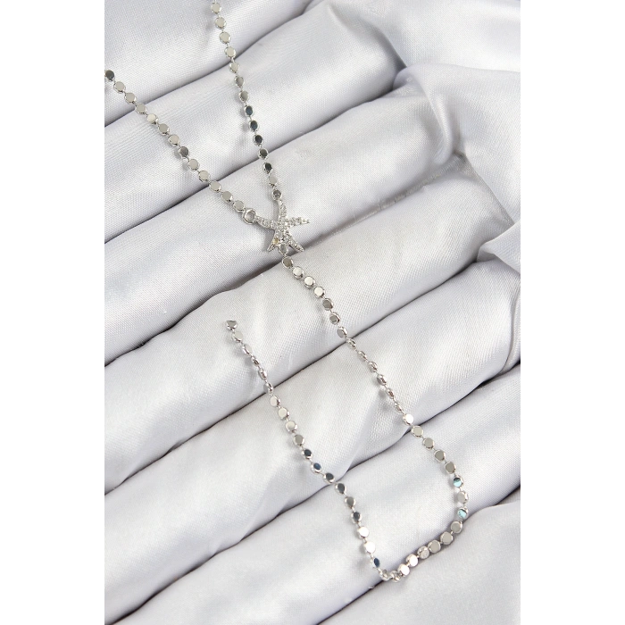 Pirinç Zirkon Taşlı Ezme Zincirli Deniz Yıldızı Model Gümüş Renk Y Kolye