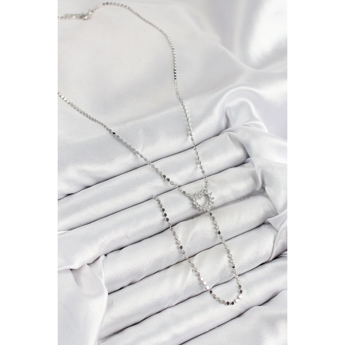 Pirinç Zirkon Taşlı Ezme Zincirli Kalp Model Gümüş Renk Y Kolye