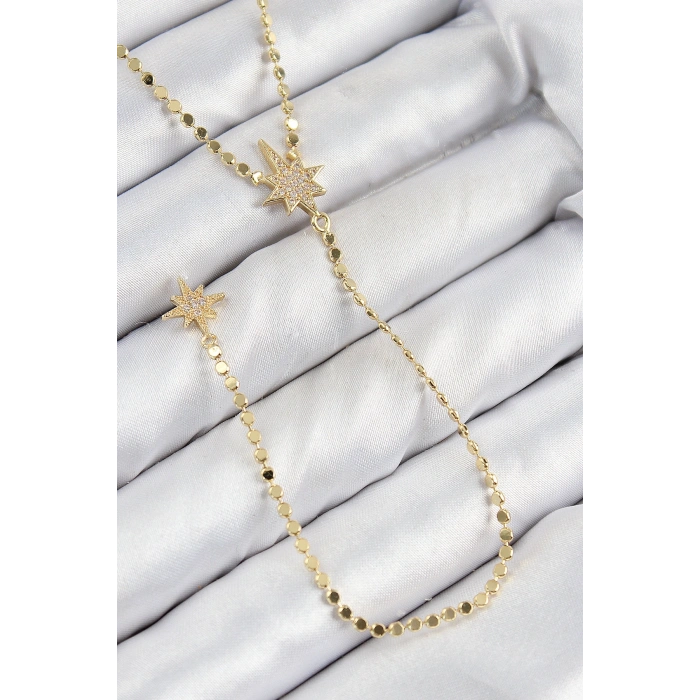 Pirinç Zirkon Taşlı Ezme Zincirli Kutup Yıldızı Model Gold Renk Y Kolye