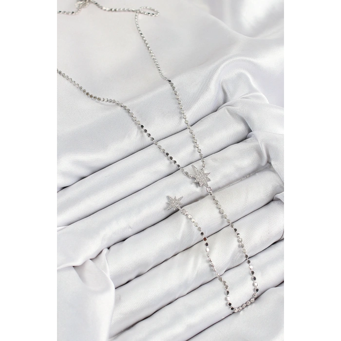 Pirinç Zirkon Taşlı Ezme Zincirli Kutup Yıldızı Model Gümüş Renk Y Kolye