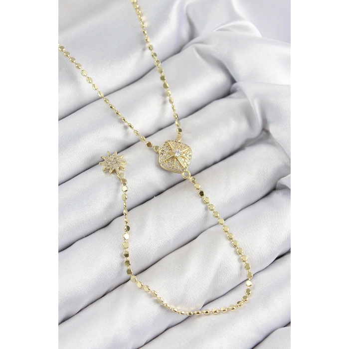 Pirinç Zirkon Taşlı Ezme Zincirli Madalyon Model Gold Renk Y Kolye