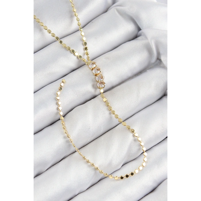 Pirinç Zirkon Taşlı Ezme Zincirli Model Gold Renk Y Kolye
