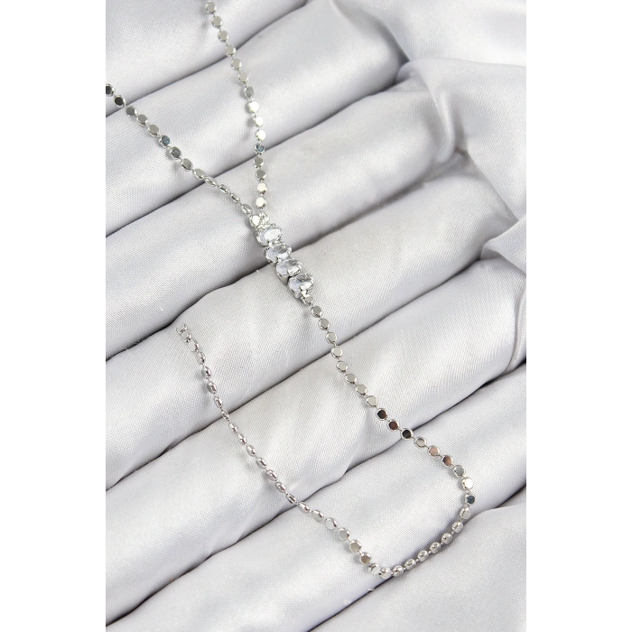 Pirinç Zirkon Taşlı Ezme Zincirli Model Gümüş Renk Y Kolye