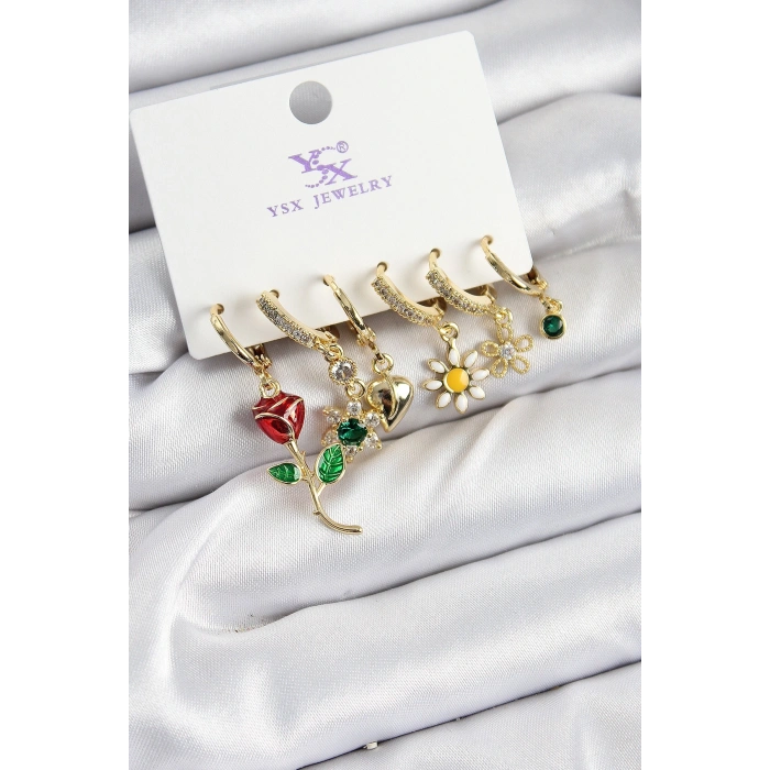 Pirinç Zİrkon Taşlı Gül Ve Papatya Model Gold Renk 3lü Çift Kadın Küpe