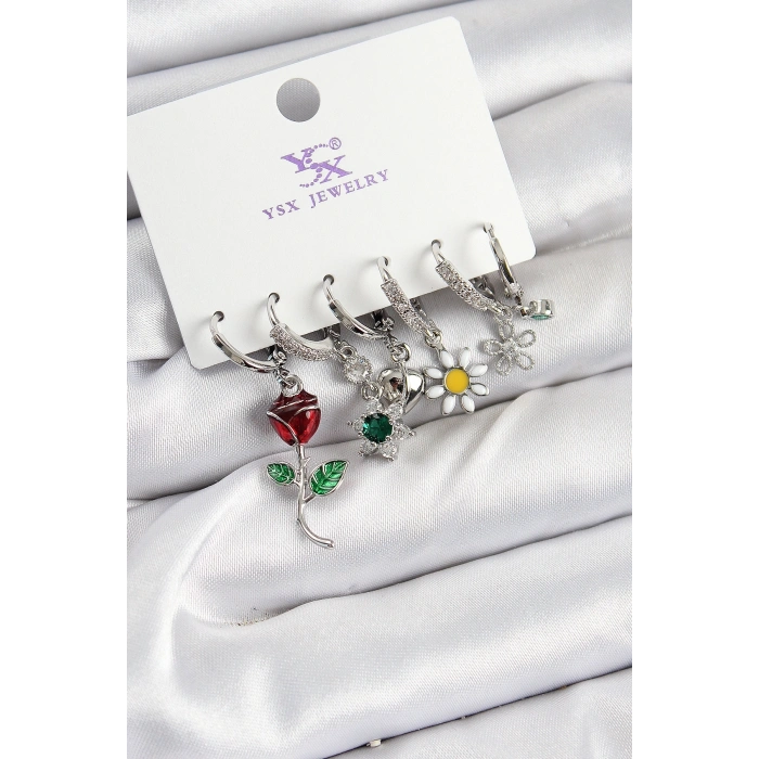 Pirinç Zİrkon Taşlı Gül Ve Papatya Model Gümüş Renk 3lü Çift Kadın Küpe