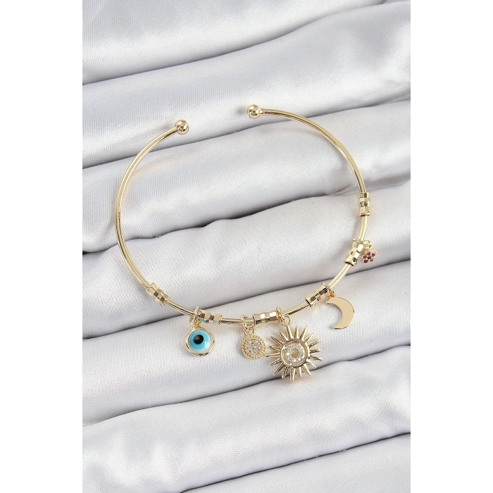 Pirinç Zirkon Taşlı Güneş Ay Nazar Model Gold Renk Charm Bileklik