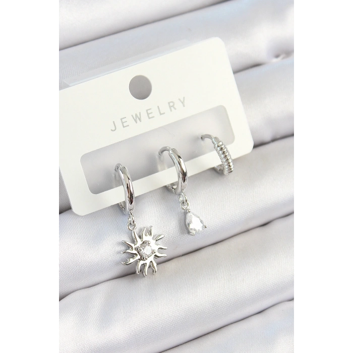 Pirinç Zirkon Taşlı Güneş Model Gümüş Renk 3lü Çift Kadın Küpe Set