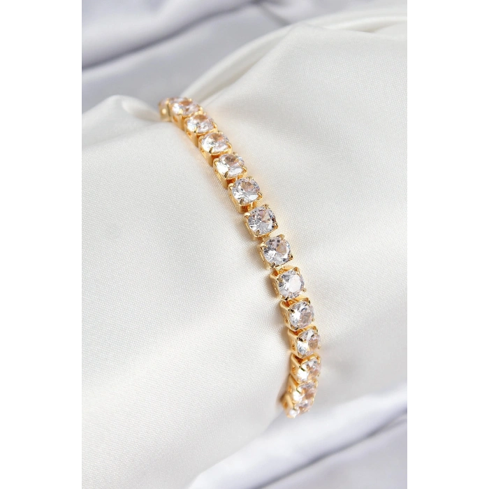 Pirinç Zirkon Taşlı Kare Model Gold Renk Asansörlü Kadın Bileklik