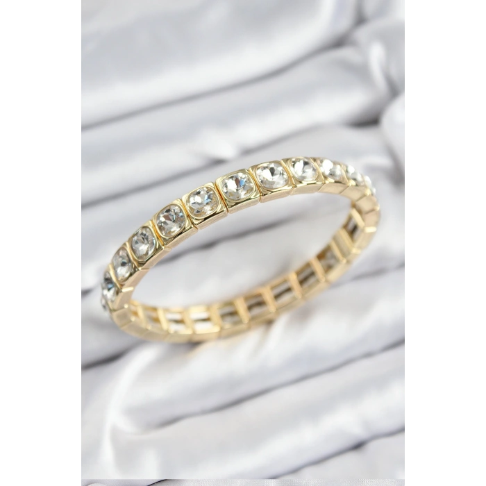 Pirinç Zirkon Taşlı Kare Model Gold Renk Lastikli Kadın Bileklik