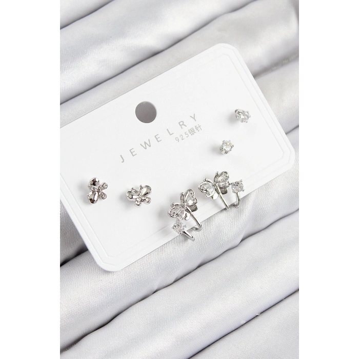 Pirinç Zirkon Taşlı Kelebek Model Gümüş Renk 925 Ayar Gümüş Çivi Kadın Küpe Set