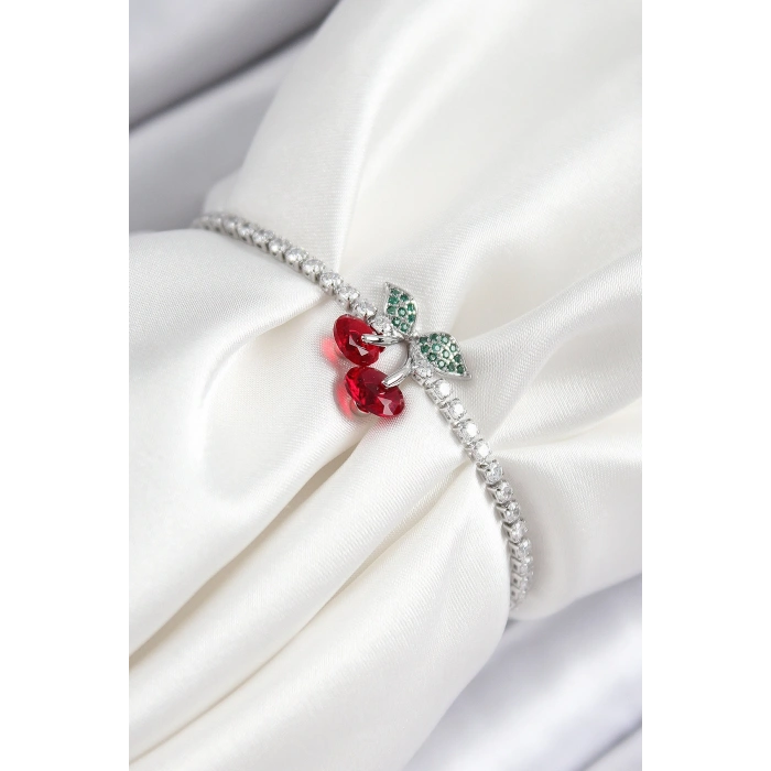 Pirinç Zirkon Taşlı Kiraz Model Gümüş Renk Asansörlü Kadın Bileklik