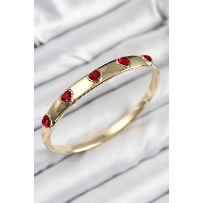 Pirinç Zirkon Taşlı Kırmızı Kalp Model Gold Renk Kadın Kelepçe
