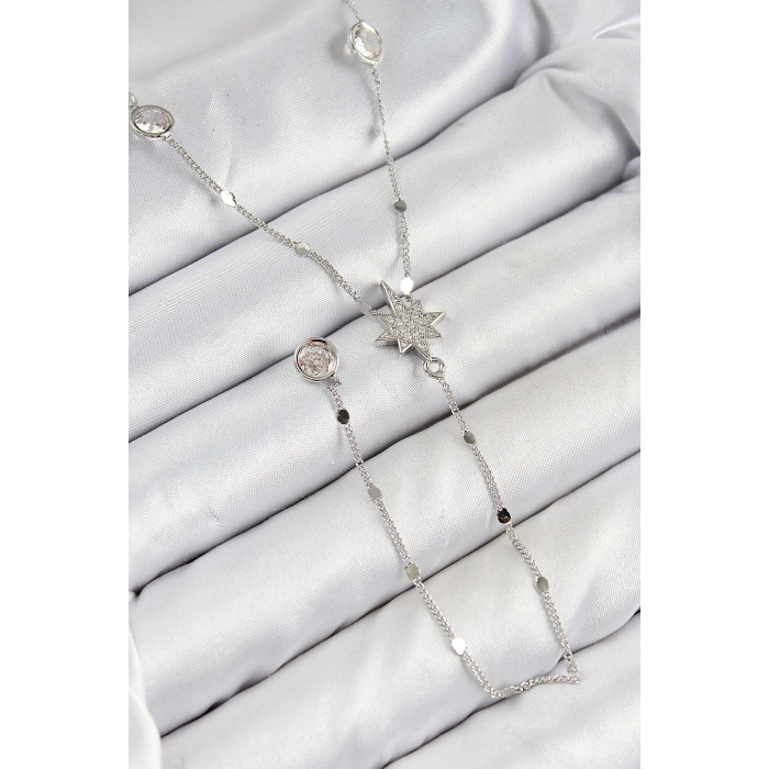 Pirinç Zirkon Taşlı Kutup Yıldızı Model Gümüş Renk Y Kolye