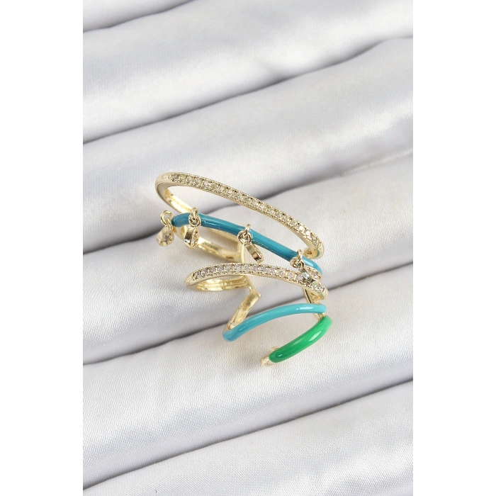Pirinç Zirkon Taşlı Mavi Yeşil Sıkıştırma Sağ Kıkırdak Gold Renk Kadın Küpe