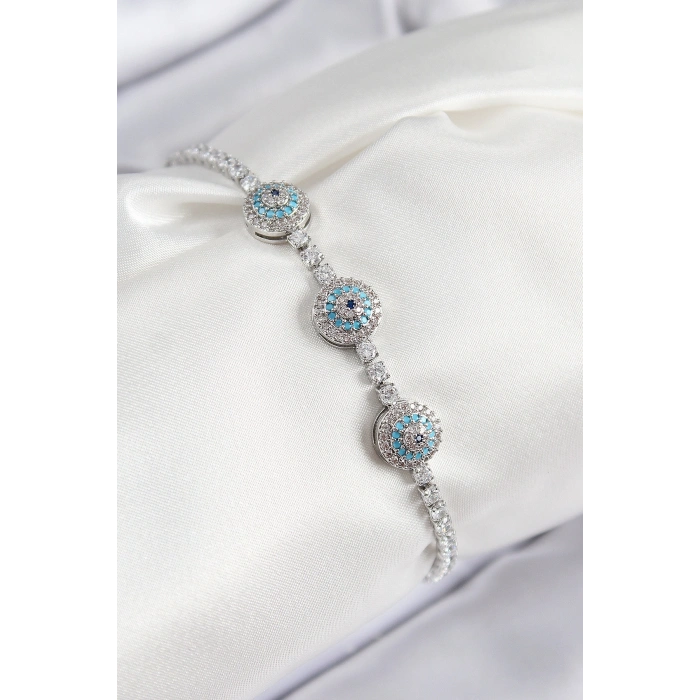 Pirinç Zirkon Taşlı Nazar Model Gümüş Renk Kadın Bileklik