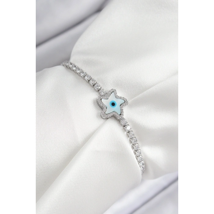 Pirinç Zirkon Taşlı Nazar Yıldız Model Gümüş Renk Asansörlü Kadın Bileklik