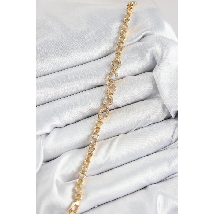 Pirinç Zirkon Taşlı Oval Model Gold Renk Kadın Bileklik