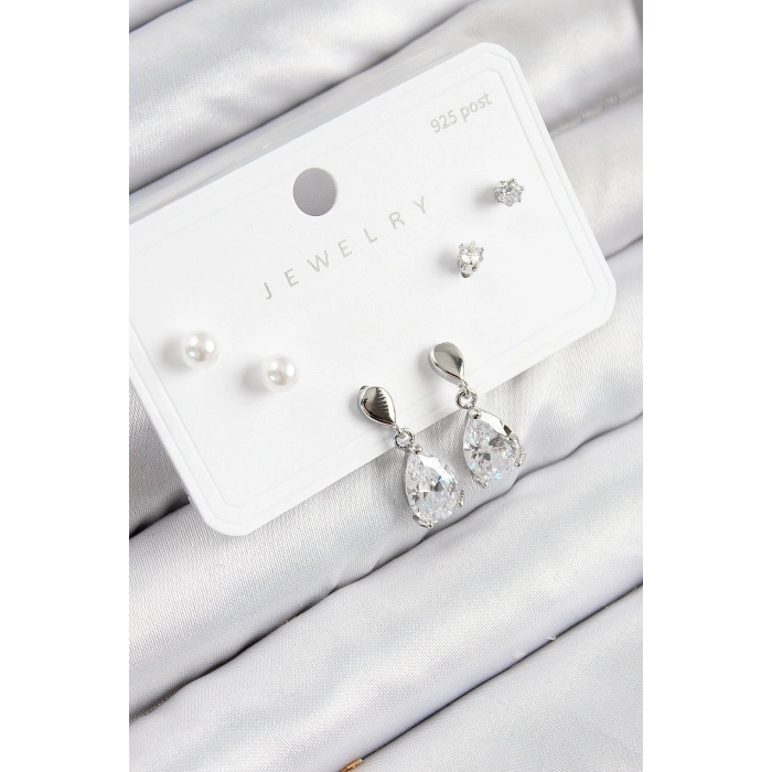 Pirinç Zirkon Taşlı Sallantılı Damla Model Gümüş Renk 925 Ayar Gümüş Çivi Kadın Küpe Set