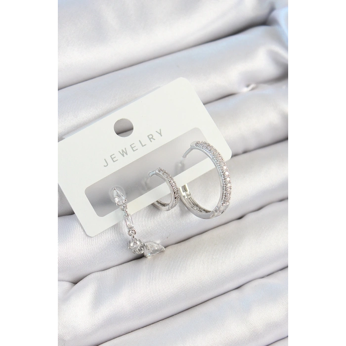 Pirinç Zirkon Taşlı Sallantılı Model Gümüş Renk 3lü Çift Kadın Küpe Set