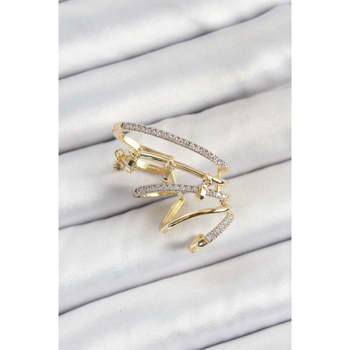 Pirinç Zirkon Taşlı Sıkıştırma Sağ Kıkırdak Gold Renk Kadın Küpe