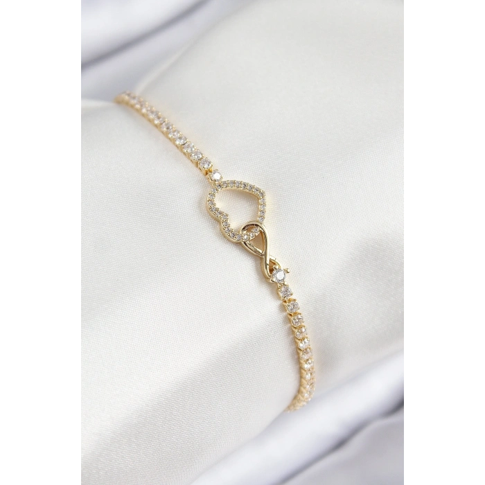 Pirinç Zirkon Taşlı Sonsuzluk Kalp Model Gold Renk Kadın Bileklik