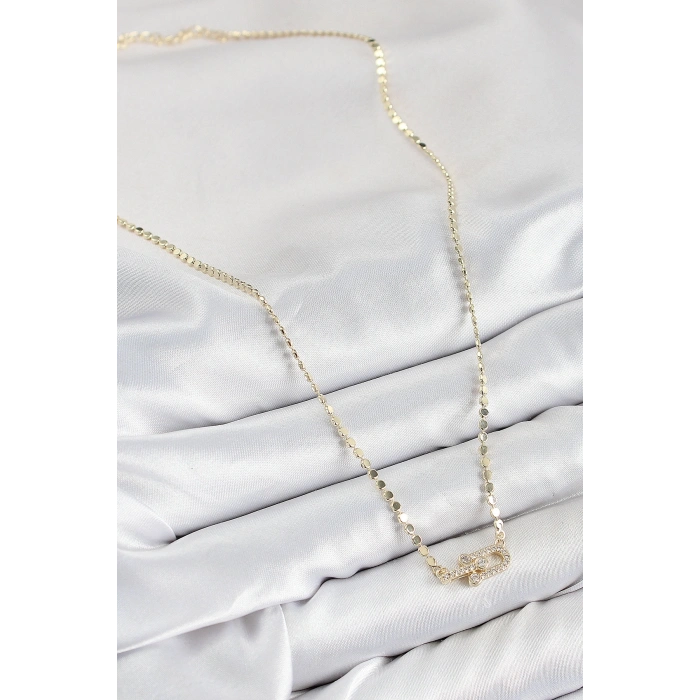 Pirinç Zirkon Taşlı Tifany Model Ezme Zincir Gold Renk Kadın Kolye