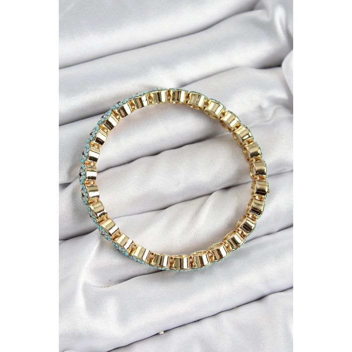 Pirinç Zirkon Taşlı Turkuaz Nazar Model Gold Renk Lastikli Kadın Bileklik