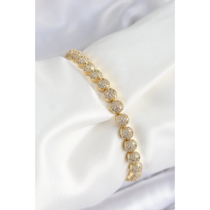 Pirinç Zirkon Taşlı Yarım Topcuk Model Gold Renk VIP Seri Kadın Bileklik