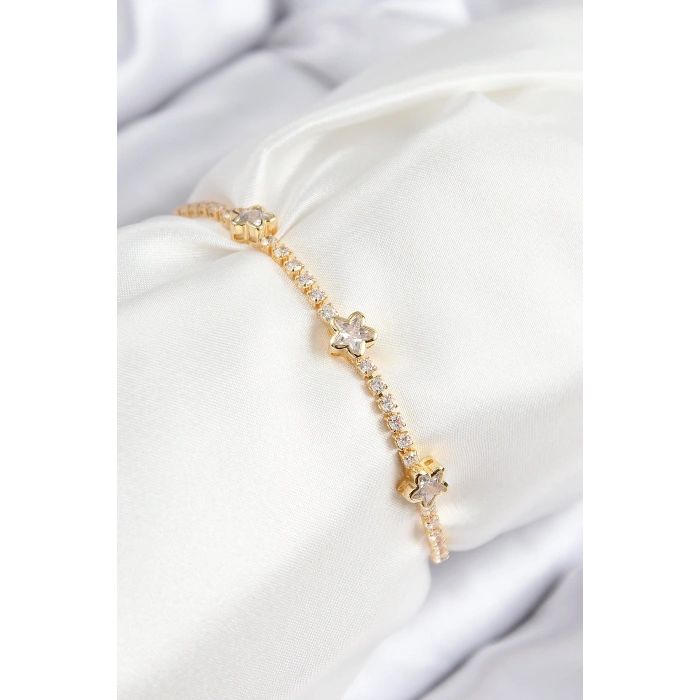 Pirinç Zirkon Taşlı Yıldız Model Gold Renk Asansörlü Kadın Bileklik