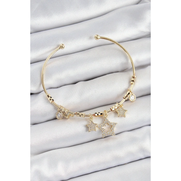 Pirinç Zirkon Taşlı Yıldız Model Gold Renk Charm Bileklik