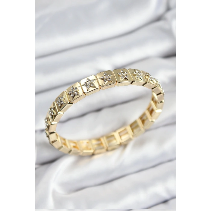 Pirinç Zirkon Taşlı Yıldız Model Gold Renk Lastikli Kadın Bileklik
