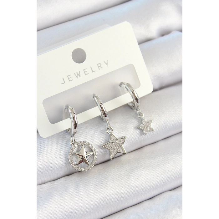 Pirinç Zirkon Taşlı Yıldız Model Gümüş Renk 3lü Çift Kadın Küpe Set
