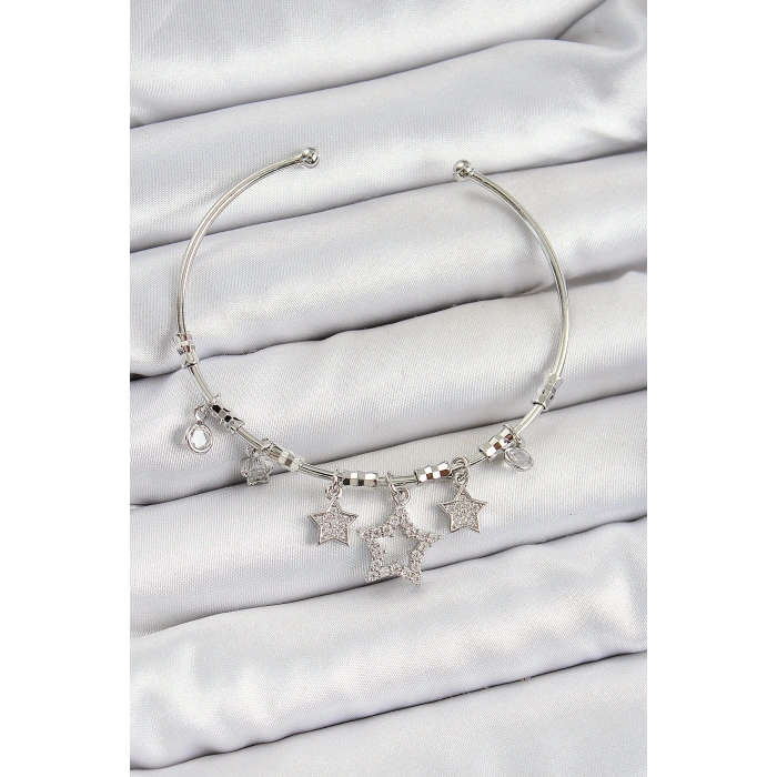 Pirinç Zirkon Taşlı Yıldız Model Gümüş Renk Charm Bileklik