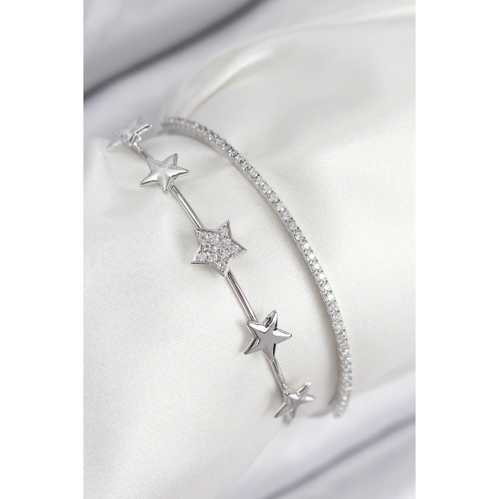 Pirinç Zirkon Taşlı Yıldız Model Gümüş Renk Kadın Bileklik