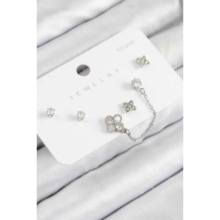 Pirinç Zirkon Taşlı Yonca Model Gümüş Renk 925 Ayar Gümüş Çivi Kadın Küpe Set