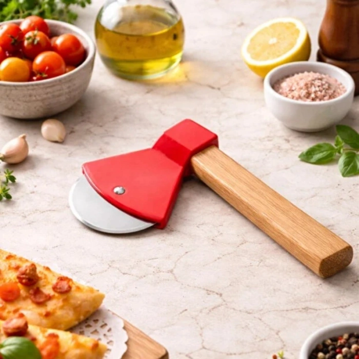 Pizza Kesici - Balta Tasarımlı - Ahşap Saplı - Paslanmaz Çelik Bıçaklı