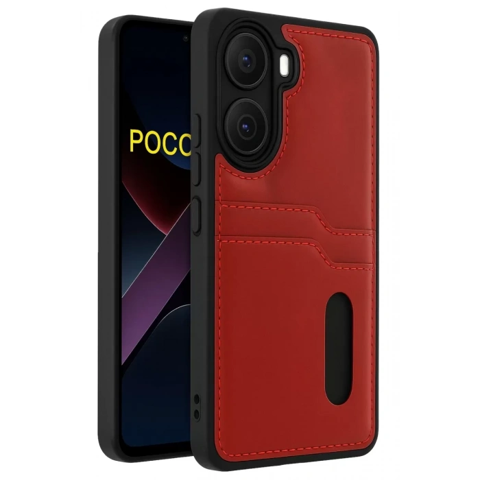 Poco X7 Pro Kılıf Sara Kartvizitli Deri Kılıf - Kırmızı