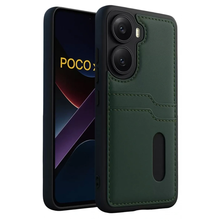 Poco X7 Pro Kılıf Sara Kartvizitli Deri Kılıf - Koyu Yeşil