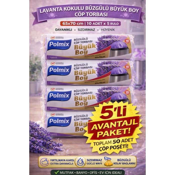 Polmix Lavanta Kokulu Büzgülü Çöp Torbası Büyük Boy 65x70 cm 10lu 5 Paket Dayanıklı Sızdırmaz Çöp Poşeti
