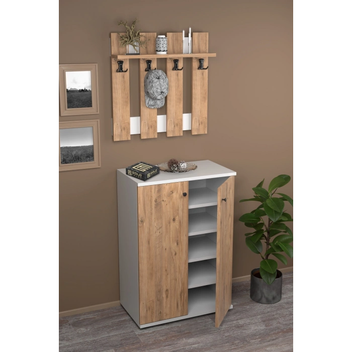 Portmanto Vestiyer 5 Raflı Ayakkabılık Ve Çit Duvar Askılık Set Çam-Beyaz