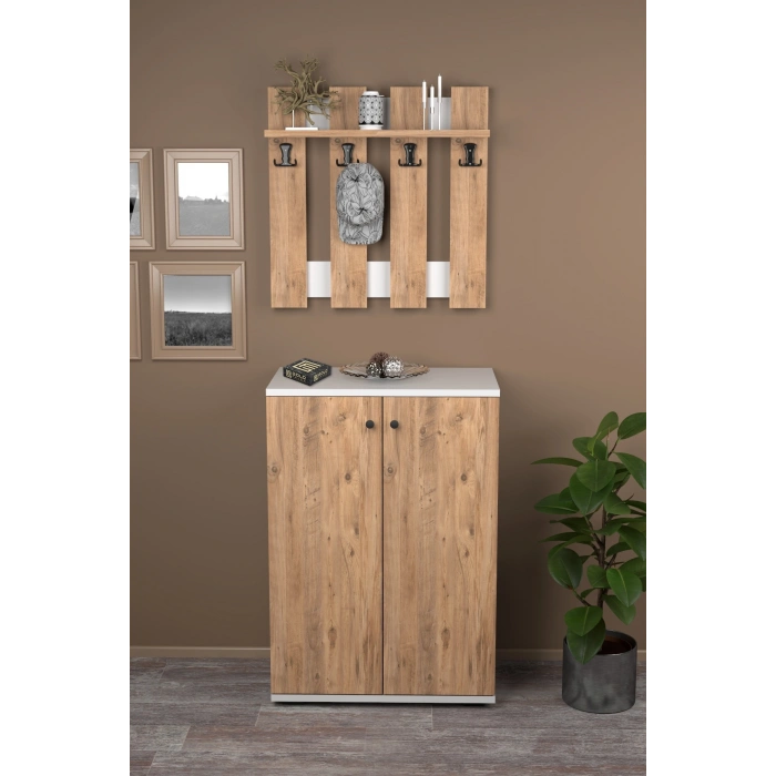 Portmanto Vestiyer 5 Raflı Ayakkabılık Ve Çit Duvar Askılık Set Çam-Beyaz