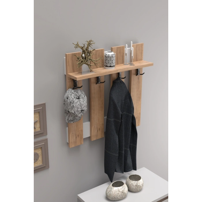 Portmanto Vestiyer 5 Raflı Ayakkabılık Ve Çit Duvar Askılık Set Çam-Beyaz